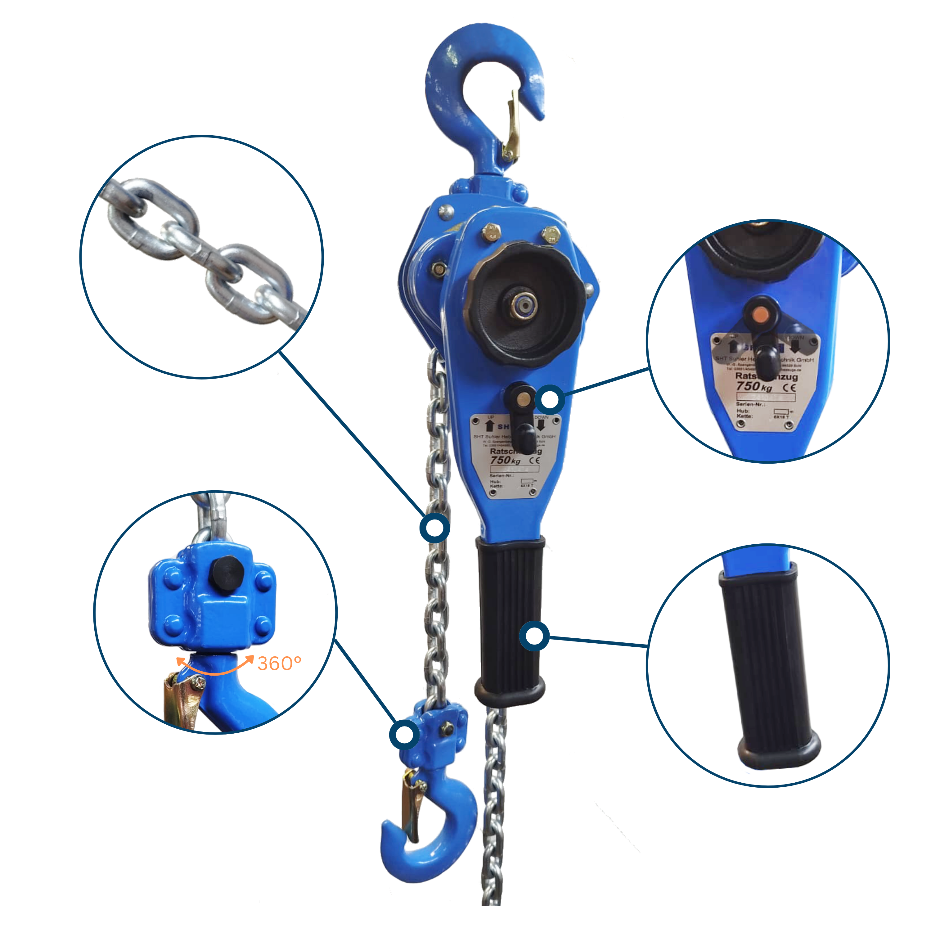 Ratschenzug Lastkette Gummigriff und drehbarer Lasthaken Kettenzug Ratschenzüge